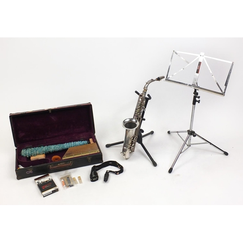 284 - Boosey & Hawkes silver plated saxophone with accessories and stand, housed in a fitted case, numbere... 