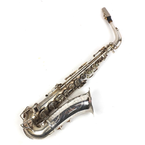 284 - Boosey & Hawkes silver plated saxophone with accessories and stand, housed in a fitted case, numbere... 