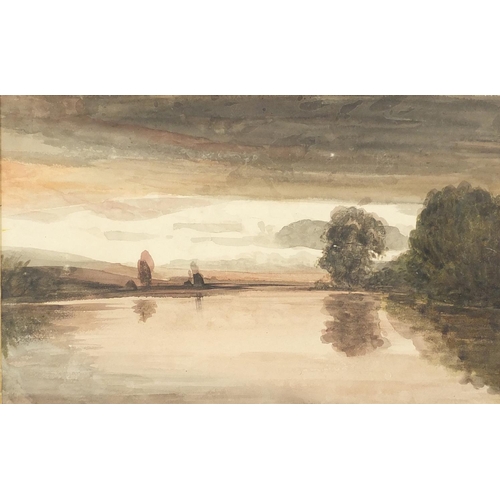 1110 - Thomas Lindsay - Sunset over a lake, 19th century watercolour, Folio Fine Art Limited of London labe... 