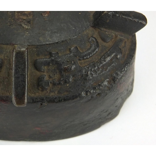 468 - Antique Chinese archaic bronze wine vessel having a stylised bands, with remnants of red paint, 19.5... 