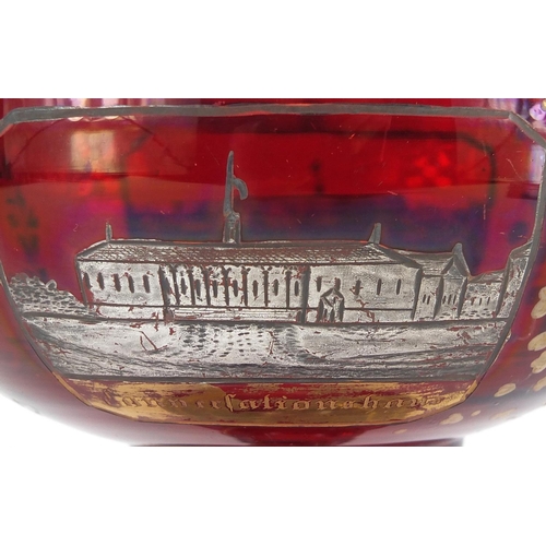 621 - 19th century Bohemian ruby red glass tazza, silvered and gilded with panels of buildings, 13.5cm hig... 