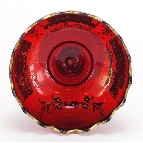 621 - 19th century Bohemian ruby red glass tazza, silvered and gilded with panels of buildings, 13.5cm hig... 