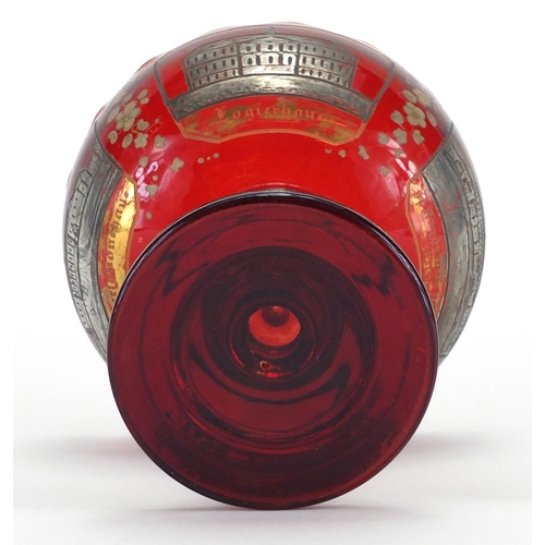 621 - 19th century Bohemian ruby red glass tazza, silvered and gilded with panels of buildings, 13.5cm hig... 