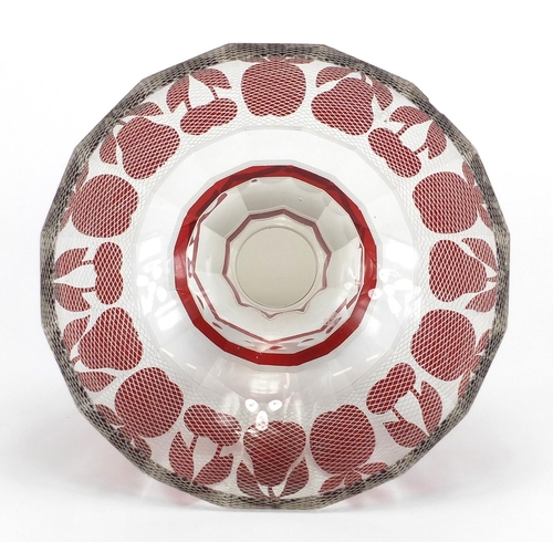 622 - Continental red and clear glass pedestal bowl, decorated with a band of fruit and cut lace work desi... 