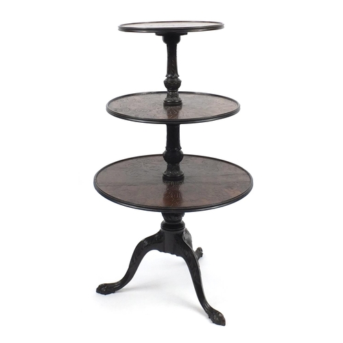 2011 - Victorian three tier mahogany dumbwaiter, the circulare dish top revolving tiers each carved with fl... 