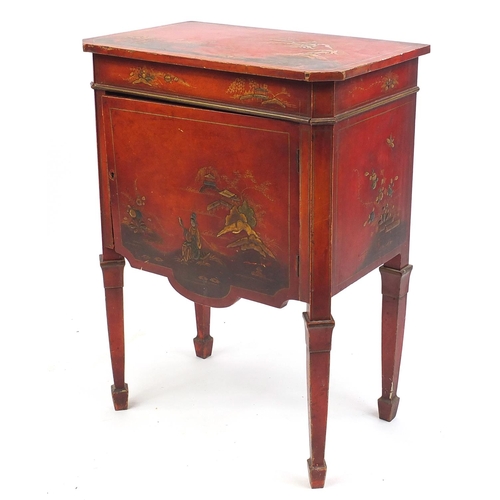 53 - Red lacquered side cupboard, hand painted and gilded in the chinoiserié manner, 77cm H x 56cm W x 35... 