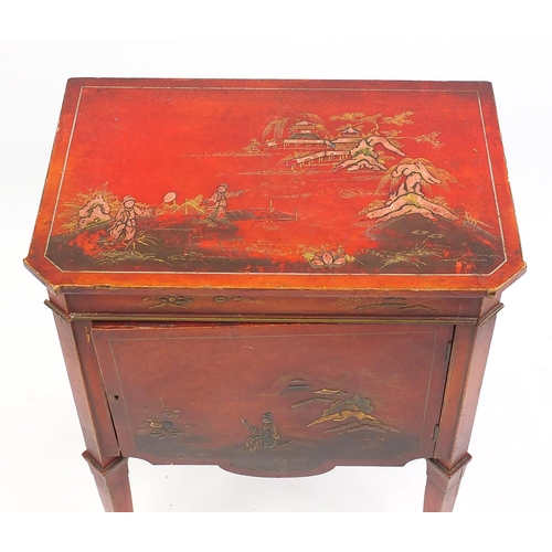 53 - Red lacquered side cupboard, hand painted and gilded in the chinoiserié manner, 77cm H x 56cm W x 35... 