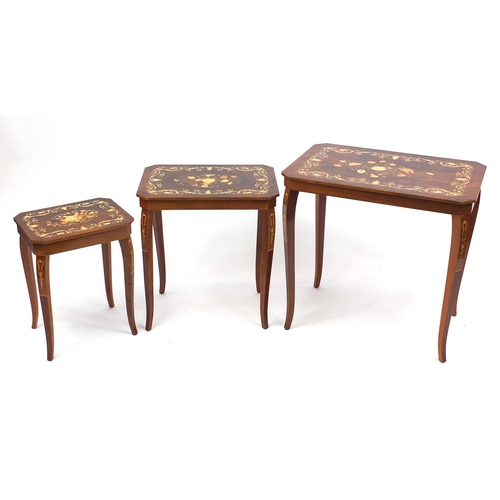 4 - Nest of three Italian Sorrento style Italian tables, the smallest a musical example, the largest 63c... 