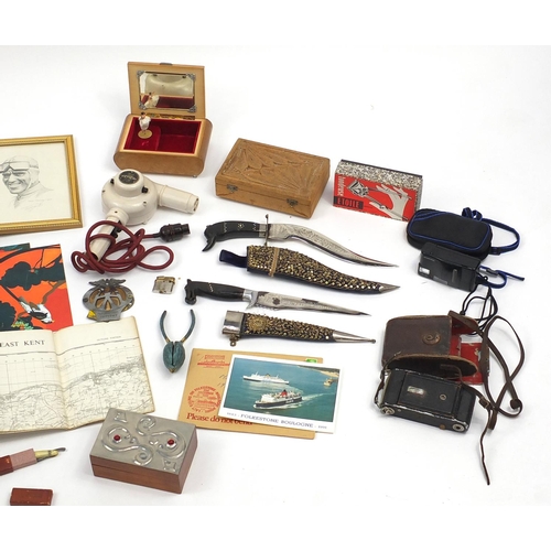 193 - Box of objects including jewellery boxes, vintage Siemens hair dryer, cameras, Ghurkhas knives and r... 