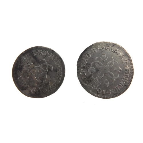 225 - ** DESCRIPTION AMENDED 5/1 ** Two Charles II 1679 silver coins comprising a threepence and a fourpen... 