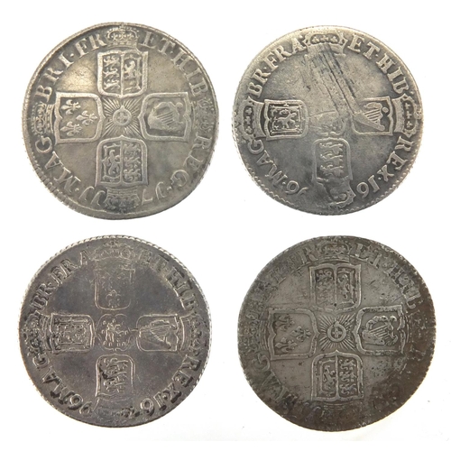 226 - Four Charles II and Queen Anne silver shillings, 1696, 1696, 1711 and 1711, approximate weight  23.2... 