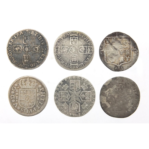 229 - Four Charles III silver six pence's together with a 1738 Spanish Reale and one other, the six pence'... 