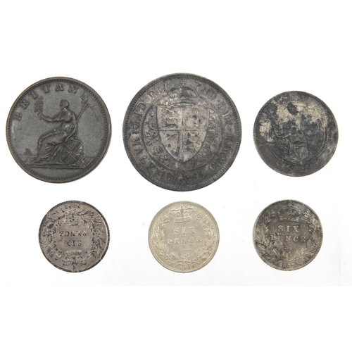 232 - George III and later British coinage comprising 1806 penny, 1893 half crown, 1895 shilling and three... 