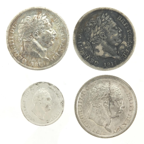 236 - Three George III silver shillings together with a George IV 1837 silver four pence, the shillings da... 