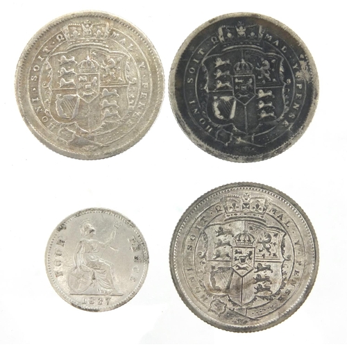 236 - Three George III silver shillings together with a George IV 1837 silver four pence, the shillings da... 