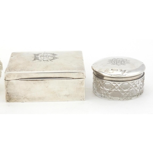 769 - Rectangular silver cigar box together wit three cut glass jars with silver lids, various hallmarks, ... 