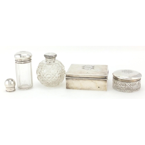 769 - Rectangular silver cigar box together wit three cut glass jars with silver lids, various hallmarks, ... 