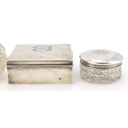 769 - Rectangular silver cigar box together wit three cut glass jars with silver lids, various hallmarks, ... 