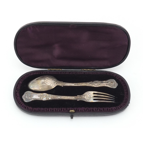 785 - Victorian silver fork and spoon Christening set, indistinct maker mark Sheffield 1892, with fitted c... 