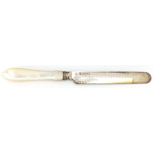 786 - Victorian silver knife with serrated edge and Mother of Pearl handle, CLTL Sheffield 1877, with fitt... 