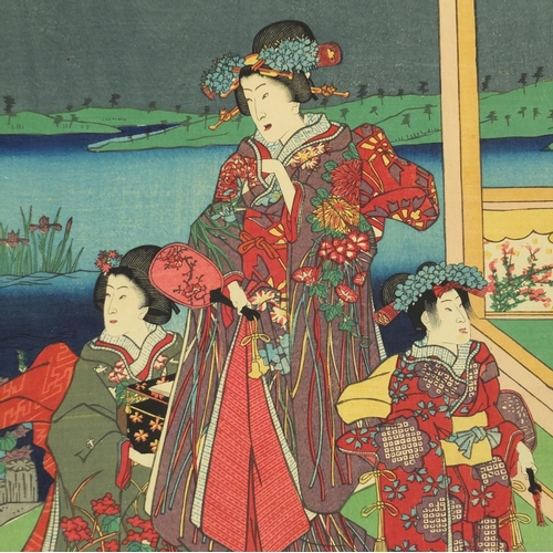 537 - Fusatane - Family of Lord enjoying at Iris Garden, 19th century triptych coloured Japanese woodblock... 