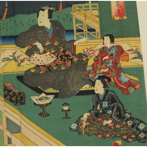 537 - Fusatane - Family of Lord enjoying at Iris Garden, 19th century triptych coloured Japanese woodblock... 