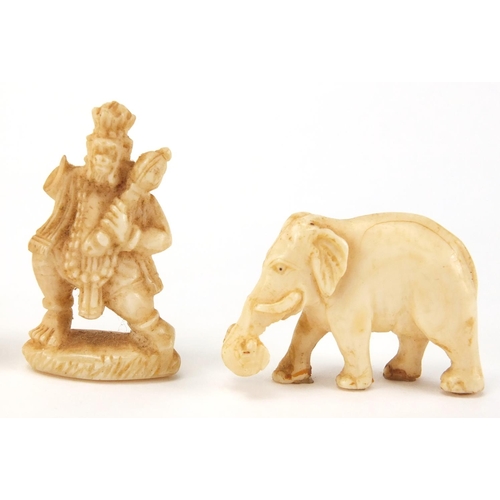 102 - Indian carved ivory figures and animals, some on ebonised wood bases including a finely carved eleph... 