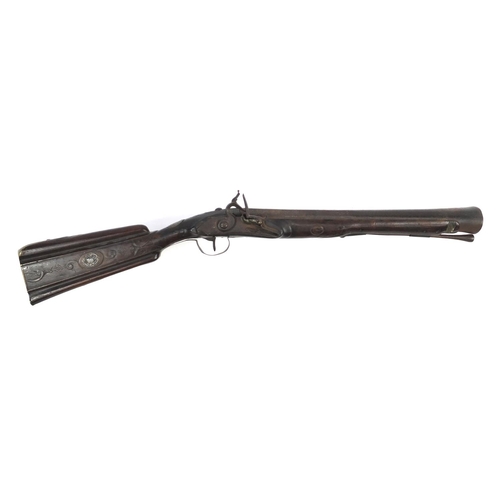 349 - Antique Indian flintlock Blunderbuss with leather powder flask, the barrel with silver inlay and imp... 