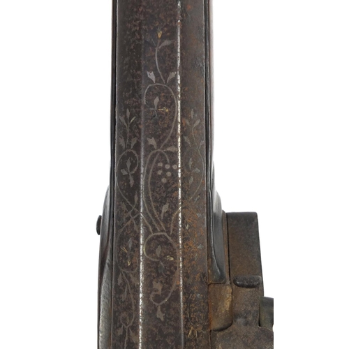 349 - Antique Indian flintlock Blunderbuss with leather powder flask, the barrel with silver inlay and imp... 