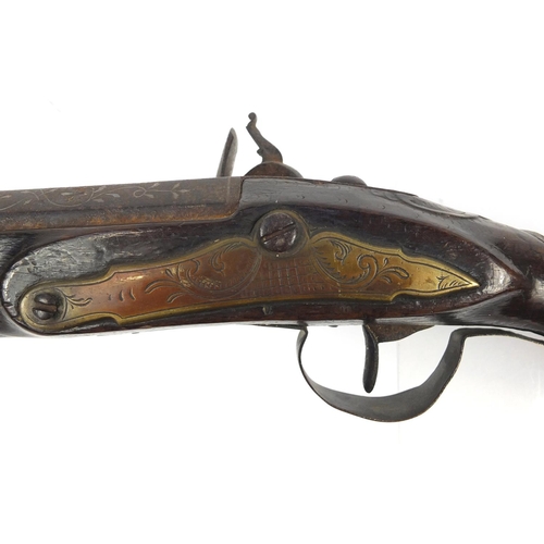 349 - Antique Indian flintlock Blunderbuss with leather powder flask, the barrel with silver inlay and imp... 