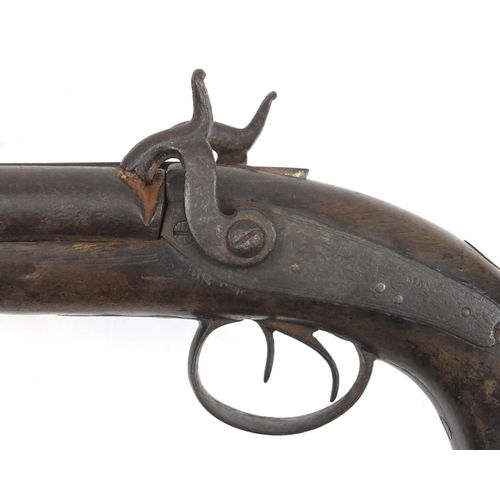 351 - Antique double-barrelled percussion pistol by Manton, 34cm in length