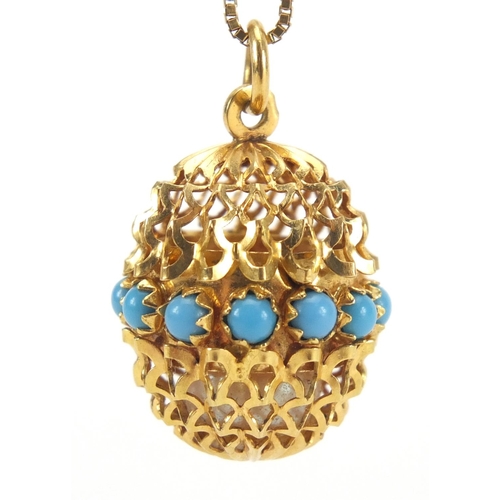 831 - 18ct gold and turquoise egg pendant opening to reveal a pearl on a 18ct gold necklace, approximate w... 