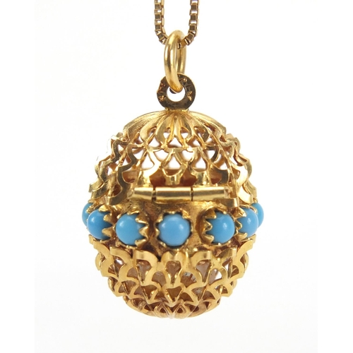 831 - 18ct gold and turquoise egg pendant opening to reveal a pearl on a 18ct gold necklace, approximate w... 