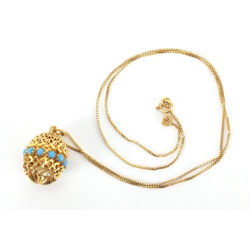 831 - 18ct gold and turquoise egg pendant opening to reveal a pearl on a 18ct gold necklace, approximate w... 