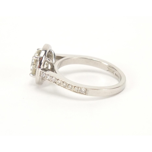 810 - Platinum and diamond solitaire halo ring, size M, approximate weight 6.7g