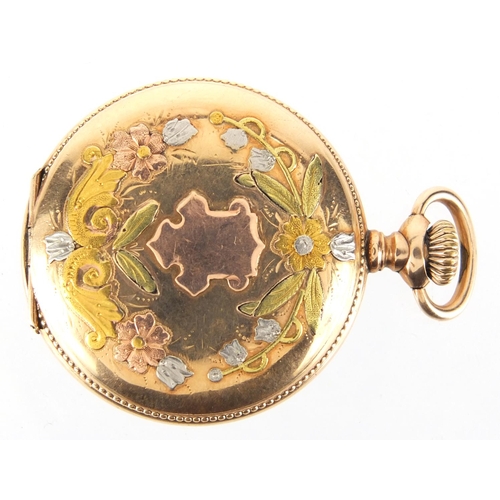 977 - Ladies Waltham gold plated full hunter pocket watch, with ornate floral case, 3.7cm in diameter, app... 