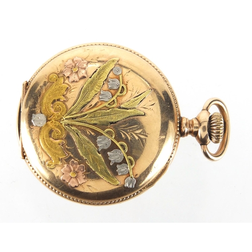 977 - Ladies Waltham gold plated full hunter pocket watch, with ornate floral case, 3.7cm in diameter, app... 