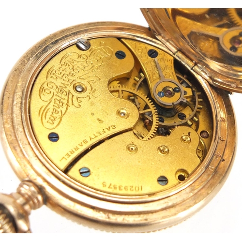 977 - Ladies Waltham gold plated full hunter pocket watch, with ornate floral case, 3.7cm in diameter, app... 