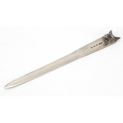 772 - Silver fox head letter opener, Asprey & Co Birmingham 1948, 14cm in length, approximate weight 22.8g