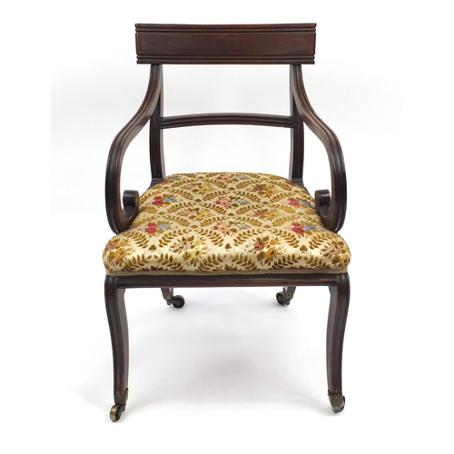 8 - Regency mahogany framed elbow chair with scroll arms, 85cm high