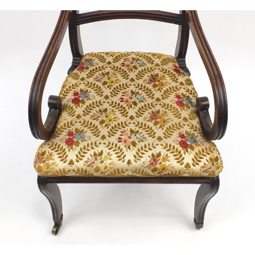 8 - Regency mahogany framed elbow chair with scroll arms, 85cm high