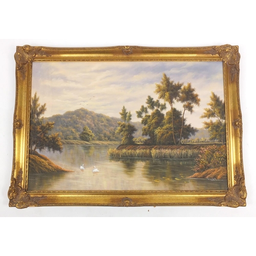 23 - Large oil on canvas, swans in a lake before woodland, gilt framed, 90cm x 60cm