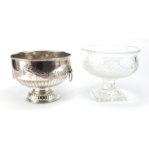 167 - Georgian cut glass hobnail punch bowl and a silver plated example with lion mask handles