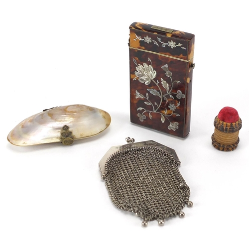 24 - Antique and later objects comprising a blonde tortoiseshell card case, inlaid with Mother of Pearl d... 