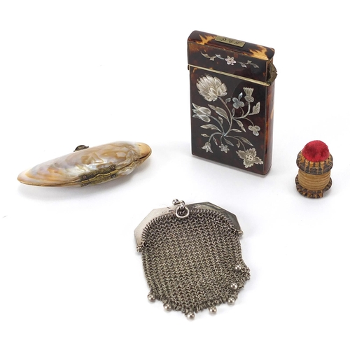 24 - Antique and later objects comprising a blonde tortoiseshell card case, inlaid with Mother of Pearl d... 
