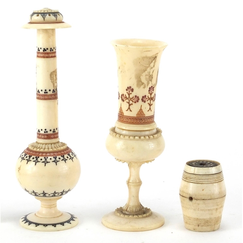 104 - Antique and later ivory and bone objects including a rose water dropper and a fluted vase, decorated... 