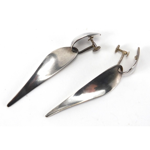 707 - Pair of Danish sterling silver drop earrings by Georg Jensen, both numbered 128 with box, each 8cm i... 