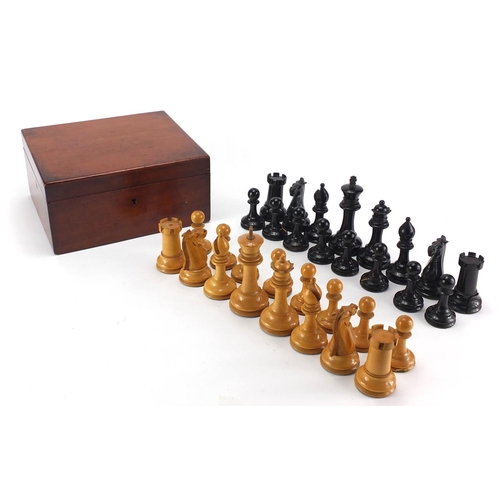 383 - Large boxwood Staunton chess set probably by Jaques, housed in a mahogany case, the largest piece 10... 