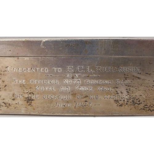 326 - Military interest RAF 70 Squadron unmarked silver cigar box, presented to E C l Richardson by the of... 