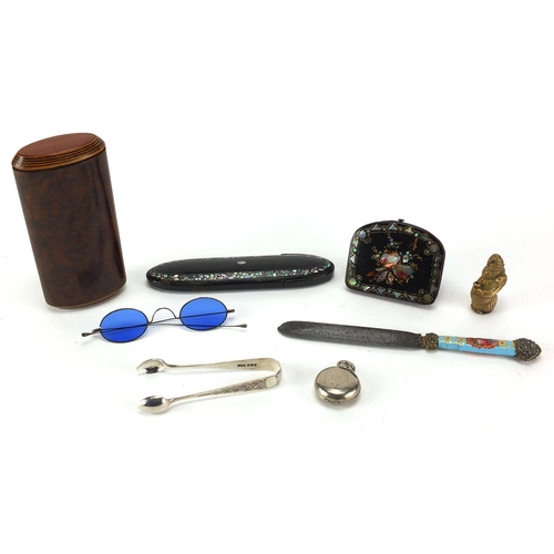 41 - Miscellaneous objects including a 19th century knife with porcelain handle hand painted with flowers... 